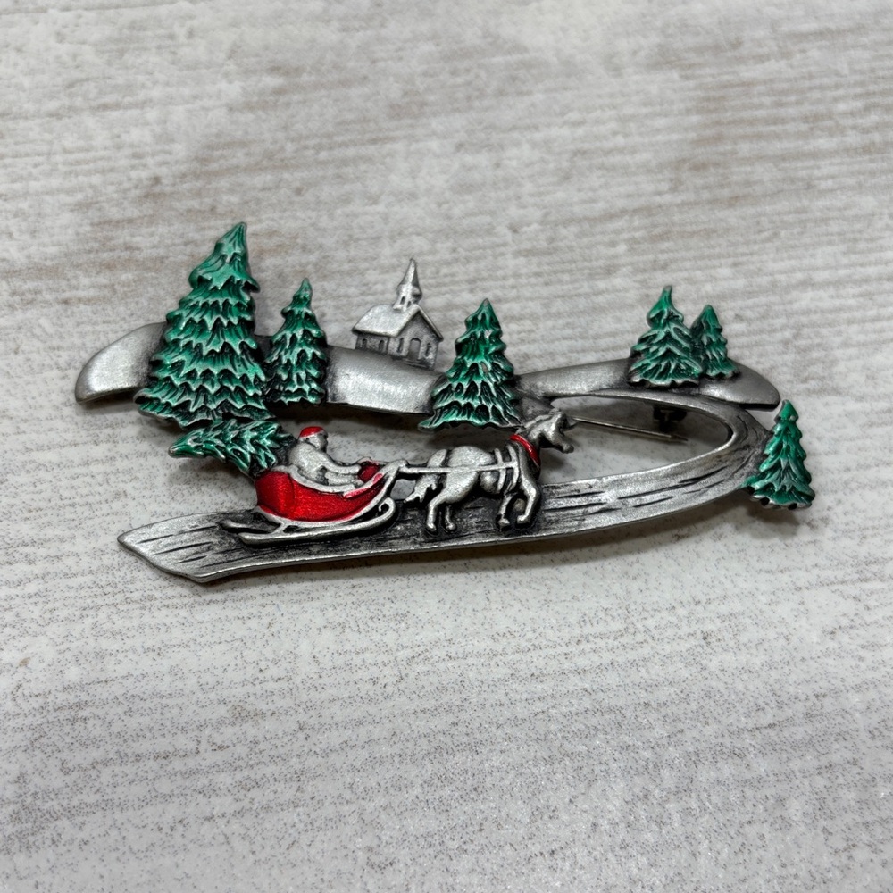 Vintage JJ Jonette Pewter Sleigh Christmas Festive Silver & Green Holiday Brooch